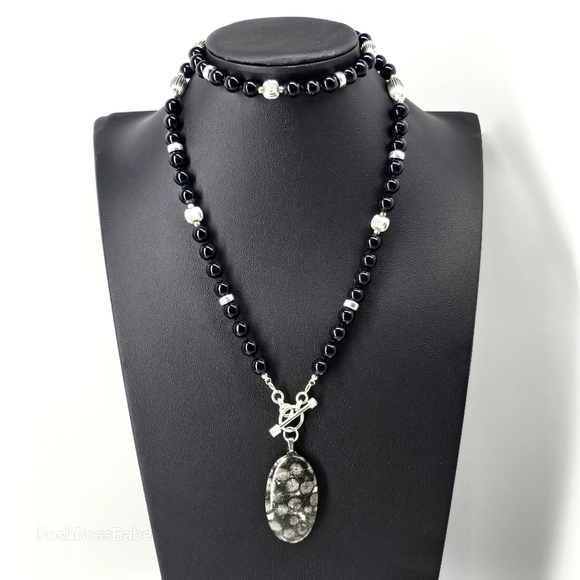 Handmade Black Glass Bead Necklace with Zebra Jasper Pendant - Picture 1 of 10